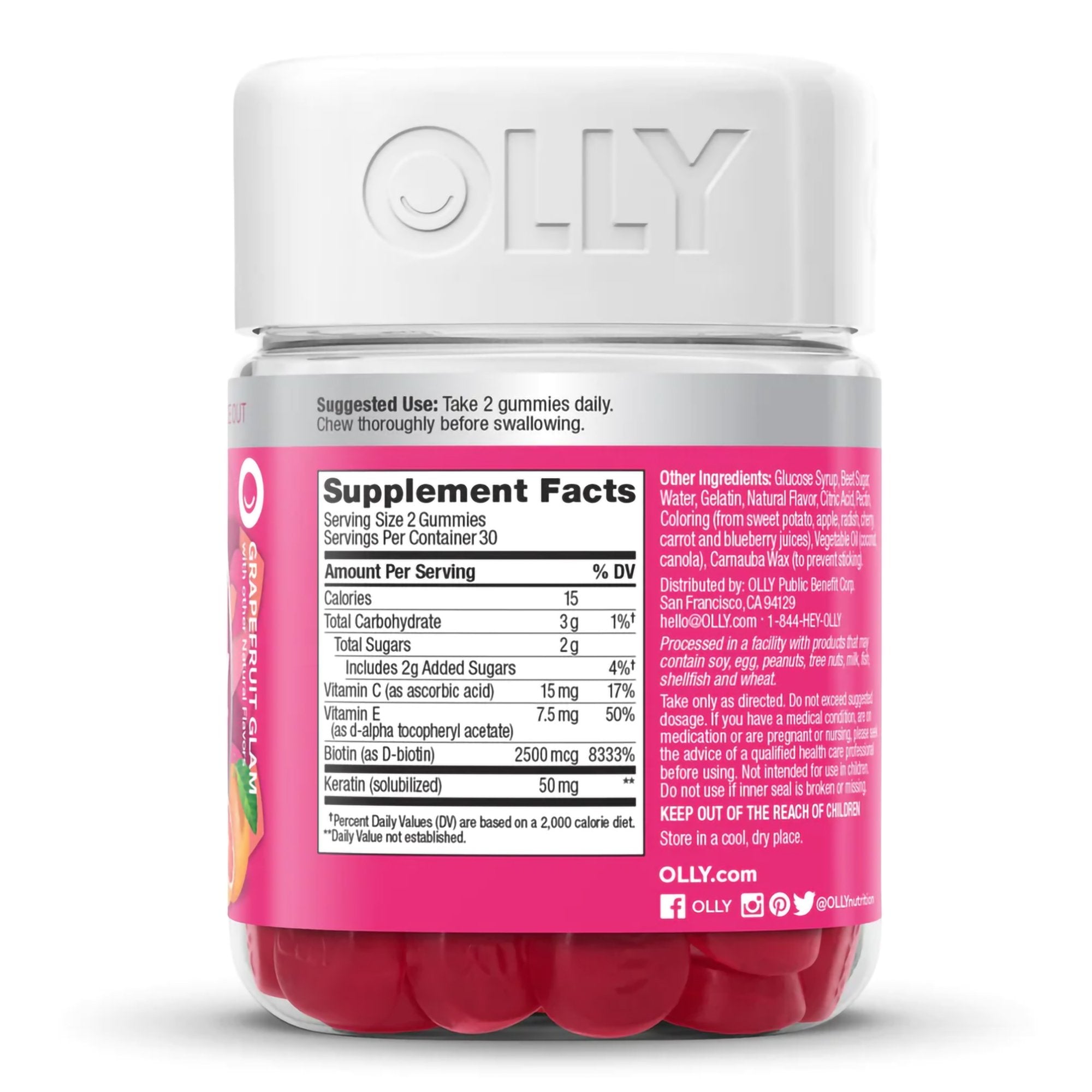 Olly Undeniable Beauty Gummies Grapefruit Glam-"Dietary Supplement OLLY Undeniable Beauty Biotin / Vitamin C / Vitamin E / Keratin 2,500 mcg - 15 mg - 7.5 mg - 50 mg Strength Gummy 60 per Bottle Grapefruit Glam Flavor"