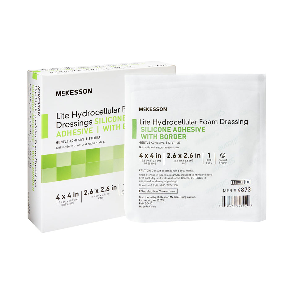 McKesson Lite Silicone Gel Adhesive with Border Thin Silicone Foam Dressing, 4 x 4 Inch-Thin Foam Dressing McKesson Lite 4 X 4 Inch With Border Film Backing Silicone Gel Adhesive Square Sterile