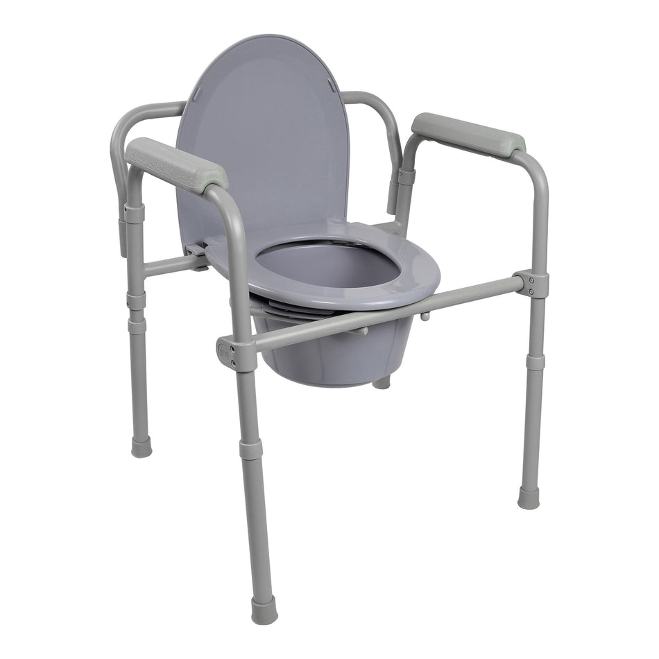 McKesson Folding Fixed Arm Steel Commode Chair-3-in-1 Commode Chair McKesson Fixed Arms Steel Frame Back Bar 13-1/2 Inch Seat Width 350 lbs. Weight Capacity