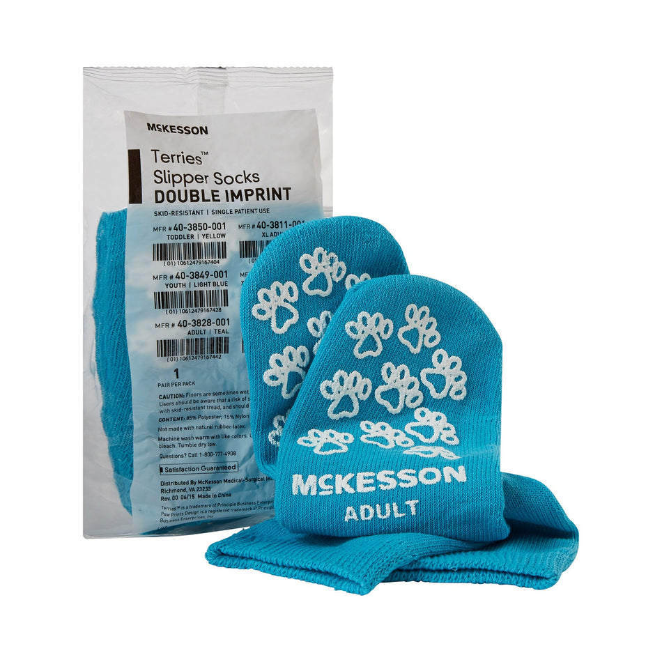McKesson Terries Adult Slipper Socks, Teal-Slipper Socks McKesson Terries Unisex Adult One Size Fits Most Double Tread Single Patient Use Teal