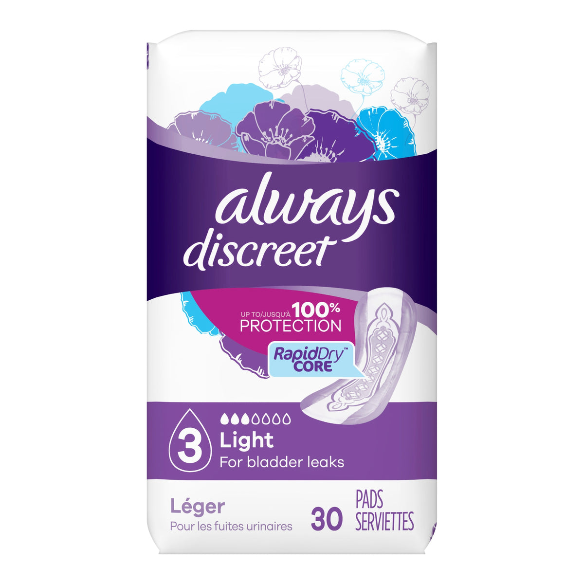 Always Discreet Bladder Control Pad, Size 3-Bladder Control Pad Always Discreet 9.4 Inch Length Light Absorbency Super Absorbent Core Size 3