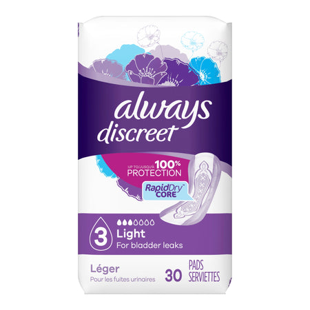 Always Discreet Bladder Control Pad, Size 3-Bladder Control Pad Always Discreet 9.4 Inch Length Light Absorbency Super Absorbent Core Size 3