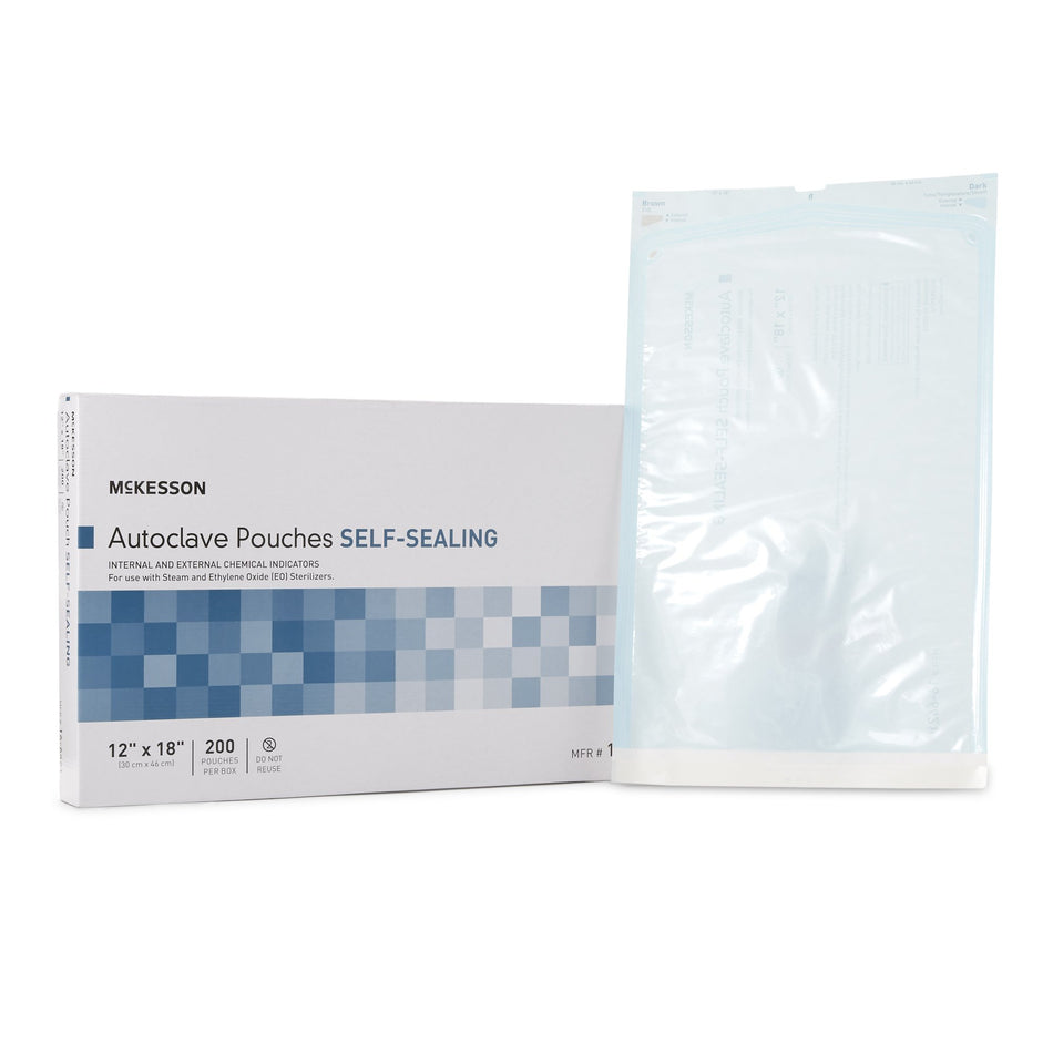 McKesson Sterilization Pouch, 12 x 18 Inch-Sterilization Pouch McKesson Ethylene Oxide (EO) Gas / Steam 12 X 18 Inch Transparent Blue / White Self Seal Paper / Film