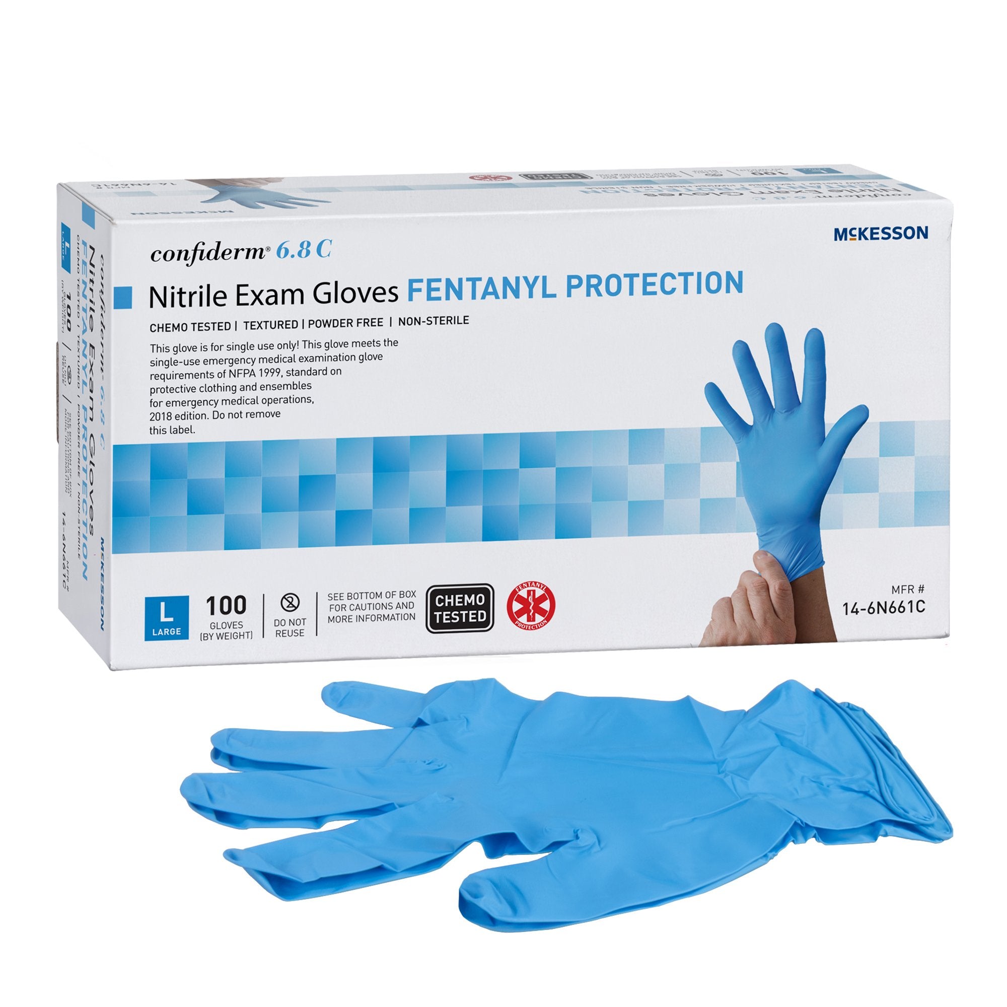 McKesson Confiderm 6.8C Nitrile Exam Glove, Large, Blue-Exam Glove McKesson Confiderm 6.8C Large NonSterile Nitrile Standard Cuff Length Fully Textured Blue Chemo Tested / Fentanyl Tested