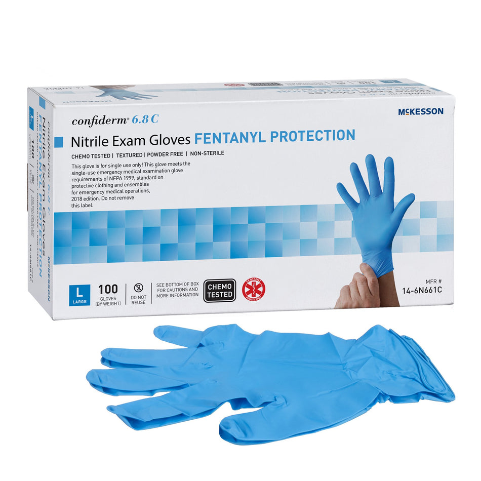McKesson Confiderm 6.8C Nitrile Exam Glove, Large, Blue-Exam Glove McKesson Confiderm 6.8C Large NonSterile Nitrile Standard Cuff Length Fully Textured Blue Chemo Tested / Fentanyl Tested
