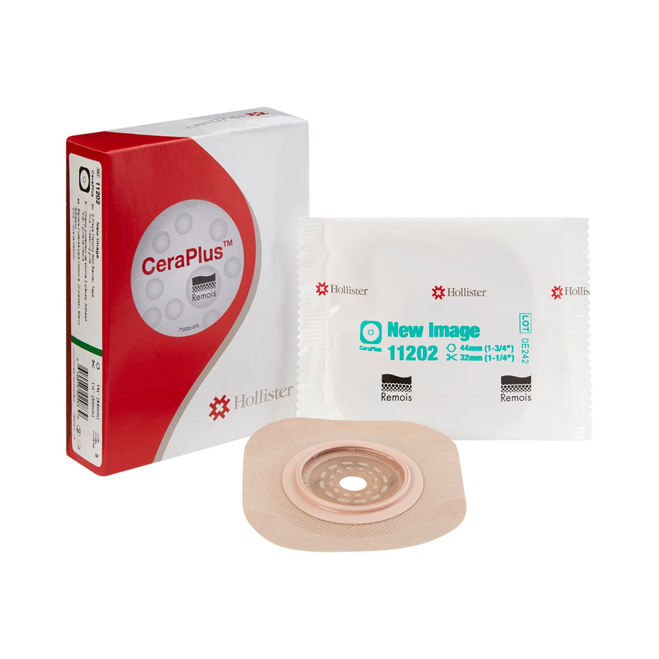 New Image Flat CeraPlus Skin Barrier, Extended Wear, Beige, 1.75" Flange, 1.25" Opening-"Ostomy Barrier New Image CeraPlus Trim to Fit, Extended Wear Adhesive Tape Borders 44 mm Flange Green Code System Up to 1-1/4 Inch Opening"