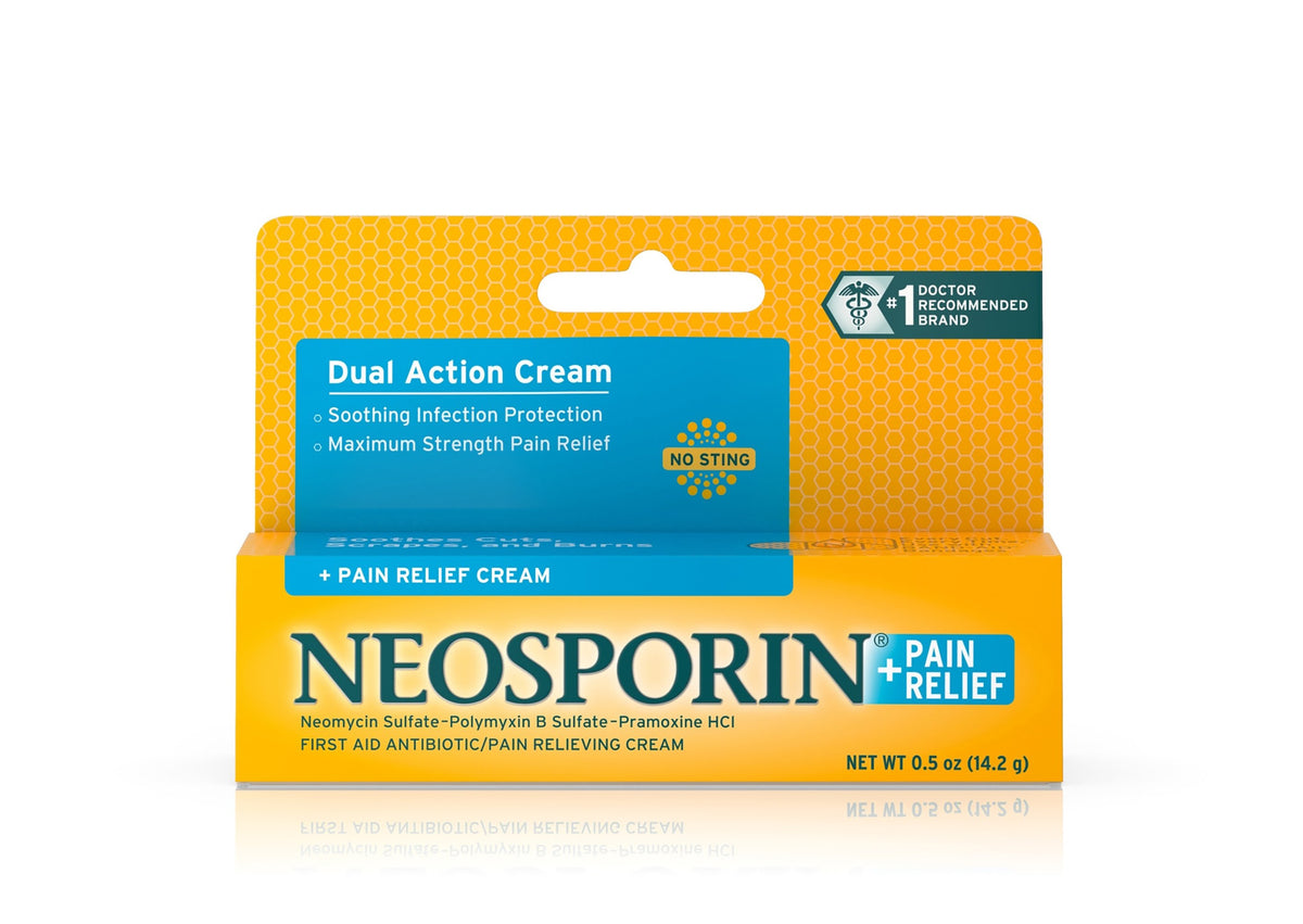Neosporin Bacitracin / Neomycin / Polymyxin B / Pramoxine First Aid Antibiotic Cream, 0.5 oz. Tube-First Aid Antibiotic with Pain Relief Neosporin + Pain Relief Cream 0.5 oz. Tube