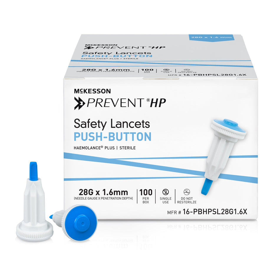 McKesson Prevent HP Push Button Safety Lancet, 28 Gauge-Safety Lancet McKesson Prevent HP 28 Gauge Retractable Push Button Activation Finger