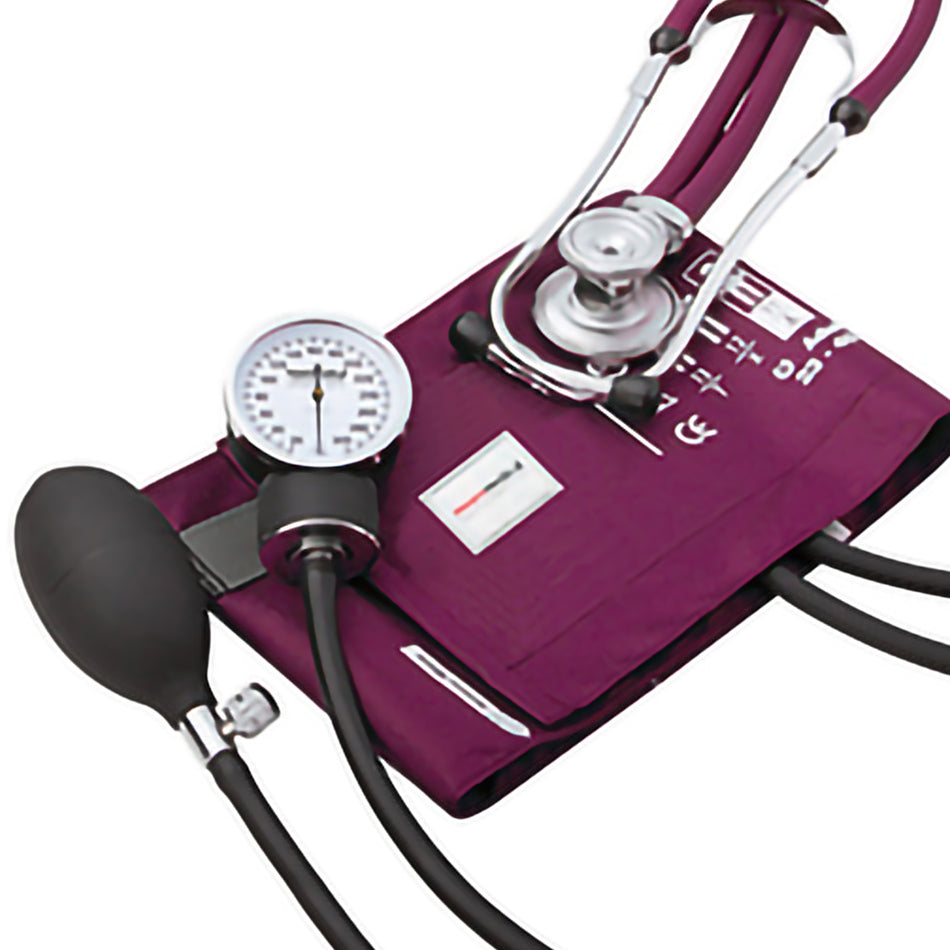 McKesson Premium Reusable Pocket Aneroid and Stethoscope Combo Set, Magenta-Reusable Aneroid / Stethoscope Set McKesson Brand 23 to 33 cm Adult Cuff Dual Head Sprague Stethoscope Pocket Aneroid