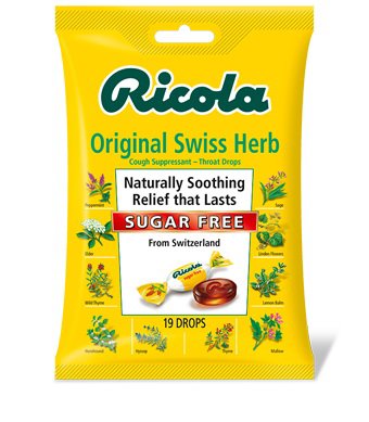 Ricola Cough Suppressant Throat Drops Sugar Free Original Swiss Herb-Cold and Cough Relief Ricola Sugar-Free 4.8 mg Strength Lozenge 19 per Bag