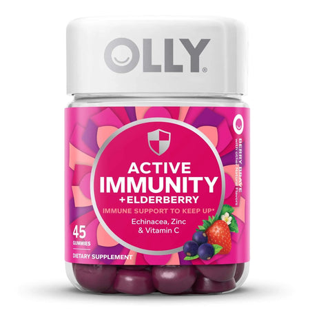 Olly Active Immunity + Elderberry Gummies Berry Brave-Dietary Supplement OLLY Active Immunity+Elderberry Echinacea / Black Elderberry Extract / Zinc / Vitamin C 40 mg - 65 mg - 5 mg - 180 mg Strength Gummy 45 per Bottle Berry Brave Flavor