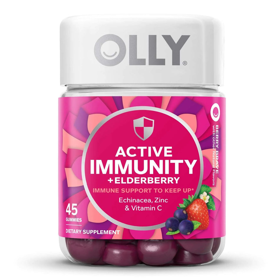 Olly Active Immunity + Elderberry Gummies Berry Brave-Dietary Supplement OLLY Active Immunity+Elderberry Echinacea / Black Elderberry Extract / Zinc / Vitamin C 40 mg - 65 mg - 5 mg - 180 mg Strength Gummy 45 per Bottle Berry Brave Flavor