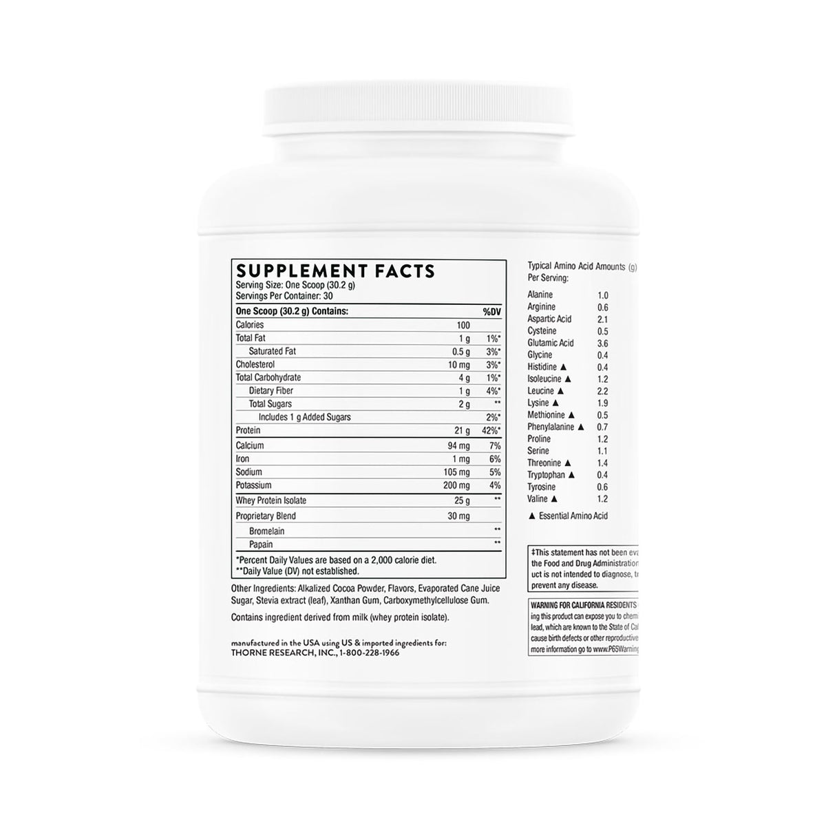 Thorne Whey Protein Isolate Dietary Supplement, Chocolate Flavor-Oral Supplement THORNE Whey Protein Isolate Chocolate Flavor Powder 31.9 oz. Canister