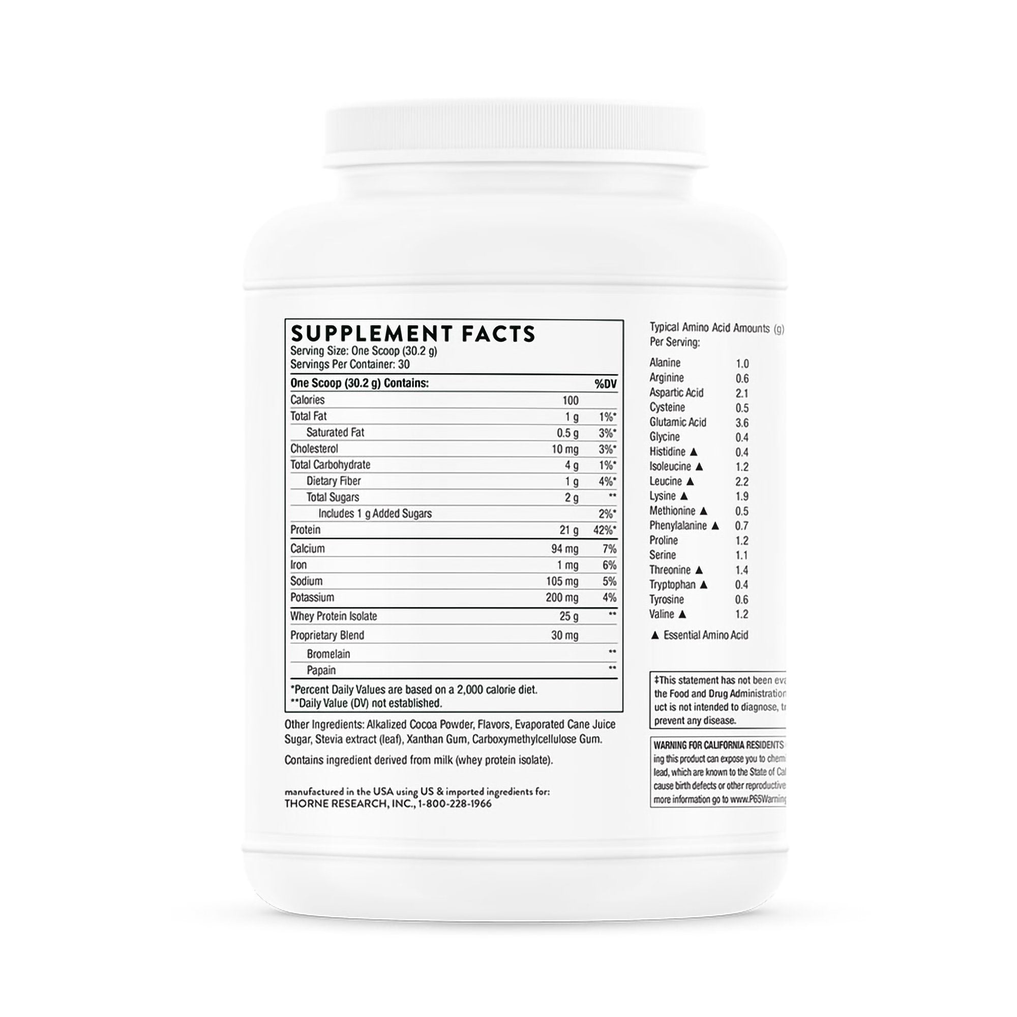 Thorne Whey Protein Isolate Dietary Supplement, Chocolate Flavor-Oral Supplement THORNE Whey Protein Isolate Chocolate Flavor Powder 31.9 oz. Canister
