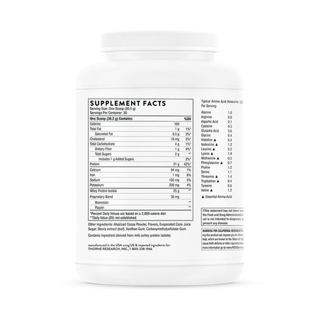 Thorne Whey Protein Isolate Dietary Supplement, Chocolate Flavor-Oral Supplement THORNE Whey Protein Isolate Chocolate Flavor Powder 31.9 oz. Canister
