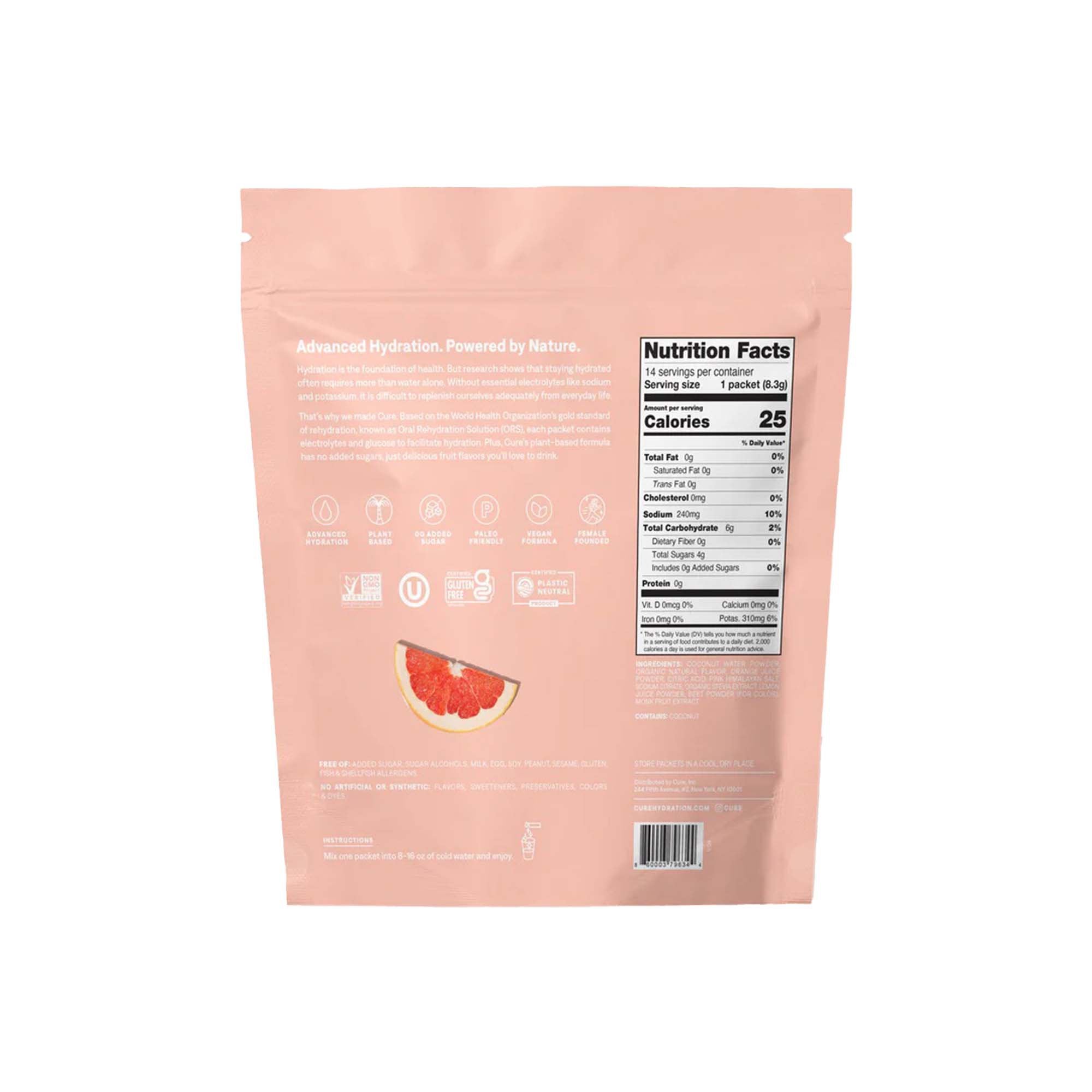 Cure Electrolyte Drink Mix made with Coconut Water, Grapefruit, 7.7-gram Packets