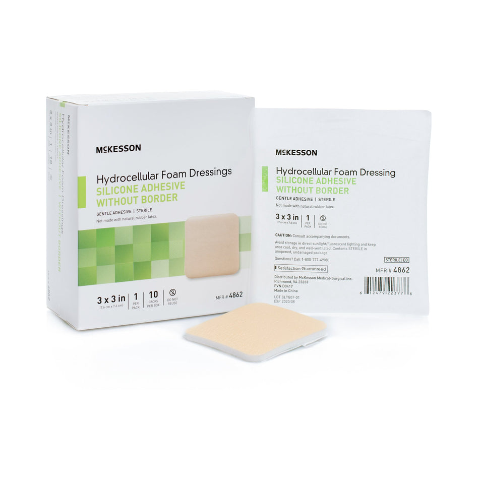 McKesson Silicone Gel Adhesive without Border Silicone Foam Dressing, 3 x 3 Inch-Foam Dressing McKesson 3 X 3 Inch Without Border Film Backing Silicone Gel Adhesive Square Sterile
