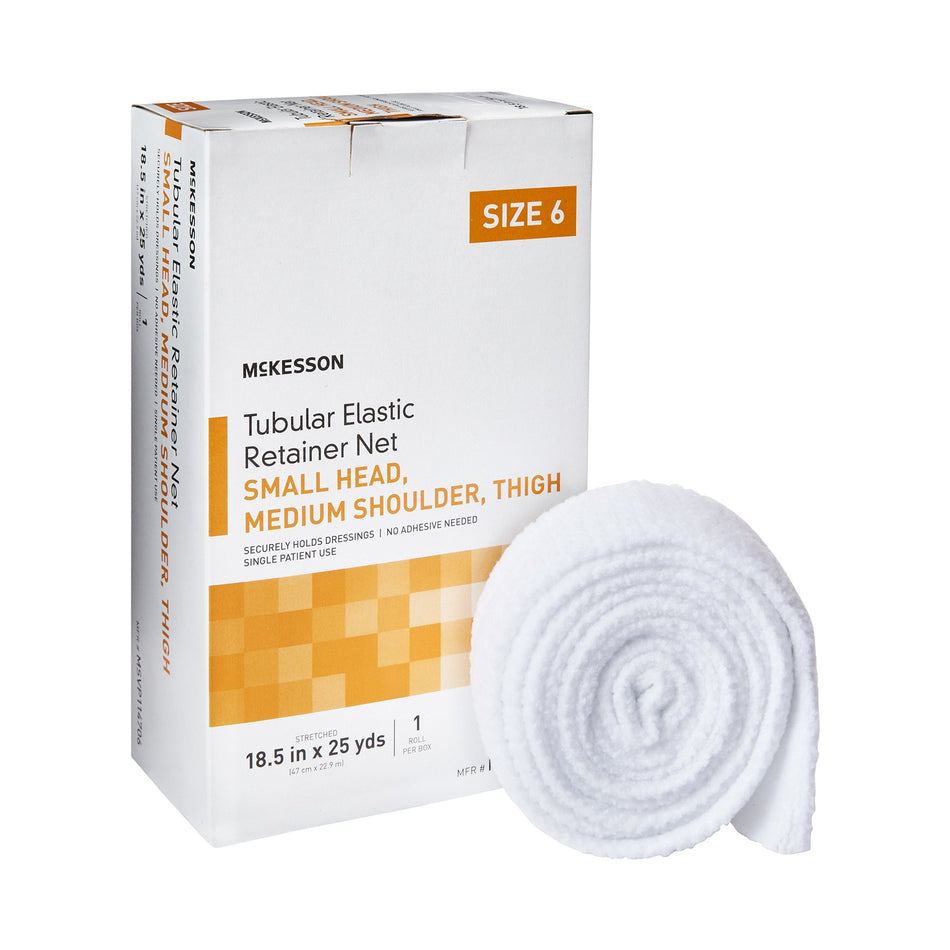 McKesson Tubular Bandage, Small Head, Medium Shoulder, Thigh, 18-1/2 inch X 25 yards, Size 6-Elastic Net Retainer Dressing McKesson Tubular Elastic 18-1/2 Inch X 25 Yard (47 cm X 22.9 m) Size 6 White Small Head / Medium Shoulder / Thigh NonSterile