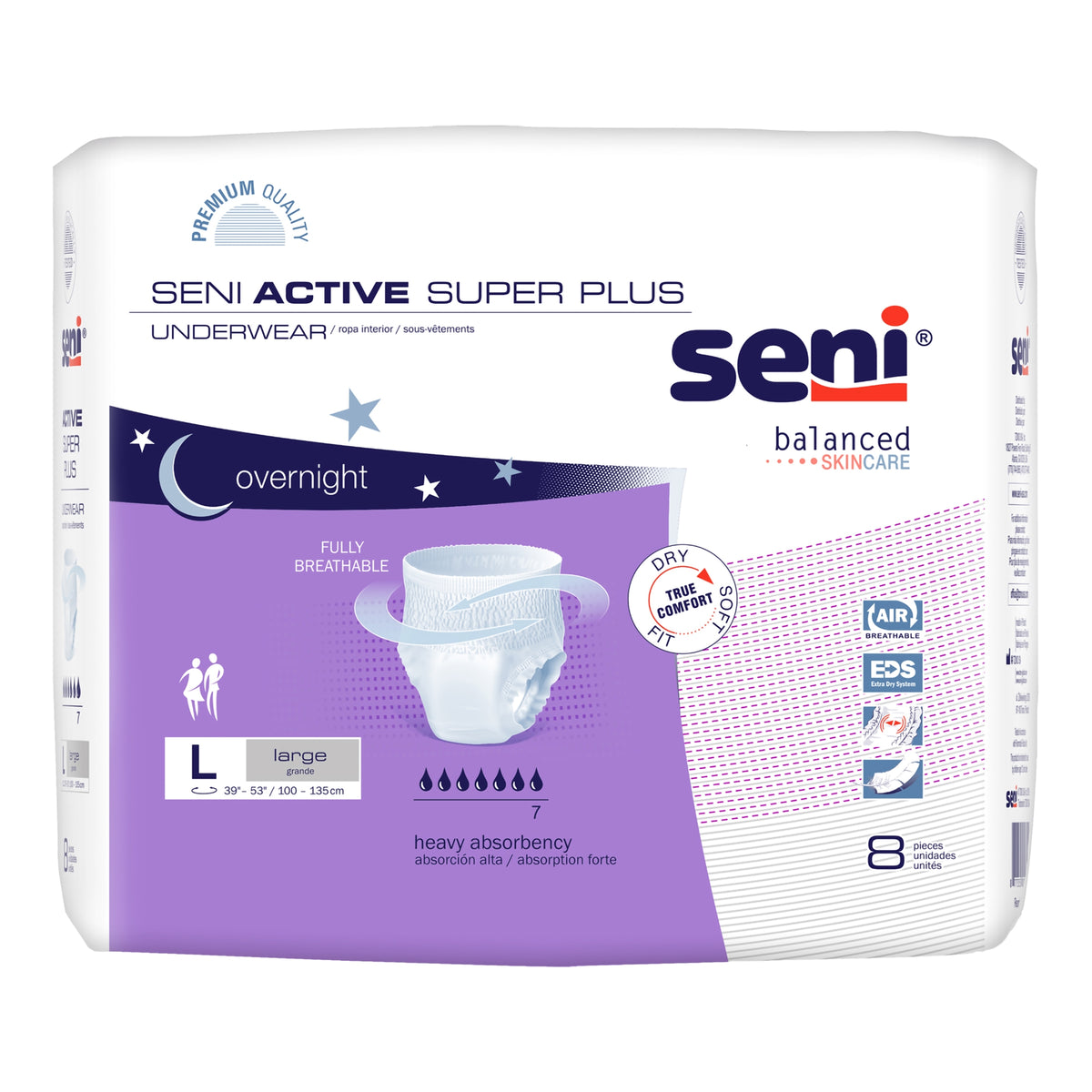Seni Active Super Plus Overnight Heavy Absorbent Underwear, Large-Unisex Adult Absorbent Underwear Seni Active Super Plus Pull On with Tear Away Seams Large Disposable Heavy Absorbency