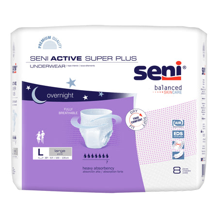 Seni Active Super Plus Overnight Heavy Absorbent Underwear, Large-Unisex Adult Absorbent Underwear Seni Active Super Plus Pull On with Tear Away Seams Large Disposable Heavy Absorbency
