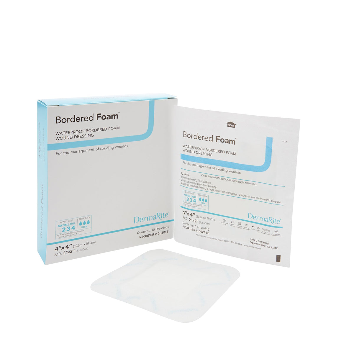 BorderedFoam Foam Dressing, 4 x 4 Inch-Foam Dressing BorderedFoam 4 X 4 Inch With Border Waterproof Backing Nonacrylic Adhesive Square Sterile
