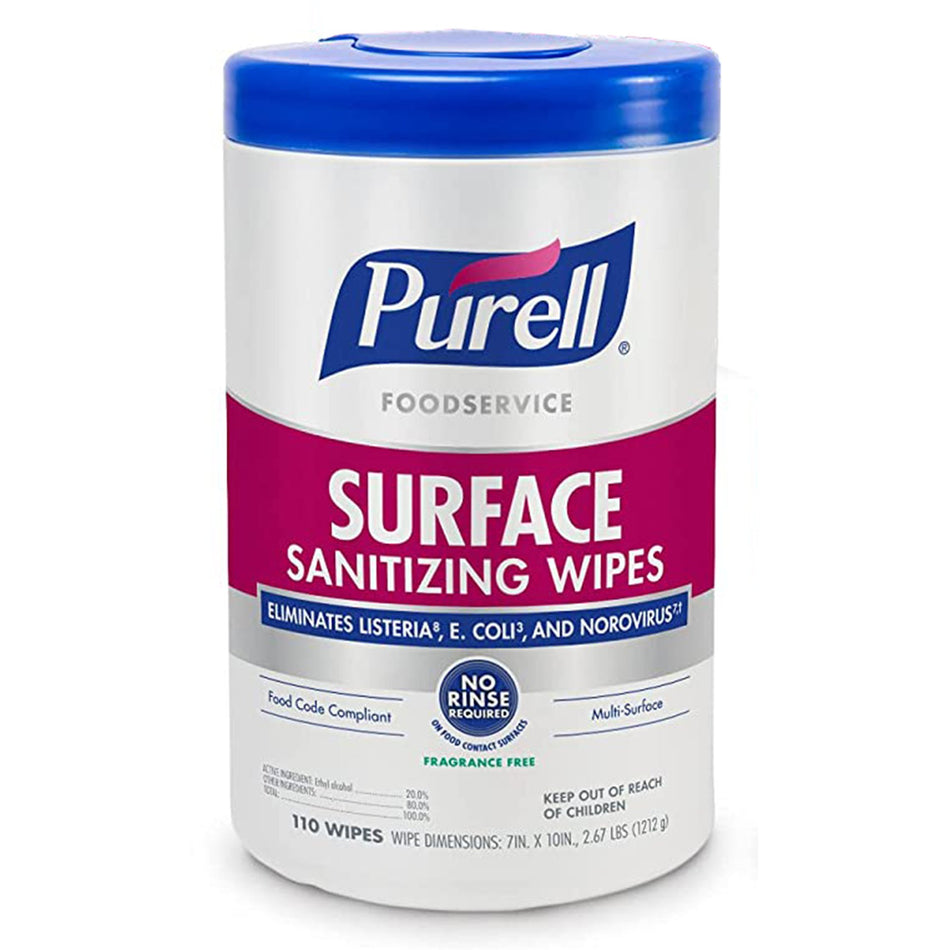 Purell� Foodservice Surface Sanitizing Wipes, 7 x 10 Inch-Purell� Food Service Surface Disinfectant / Sanitizer Manual Pull Wipe 110 Count Canister Unscented NonSterile