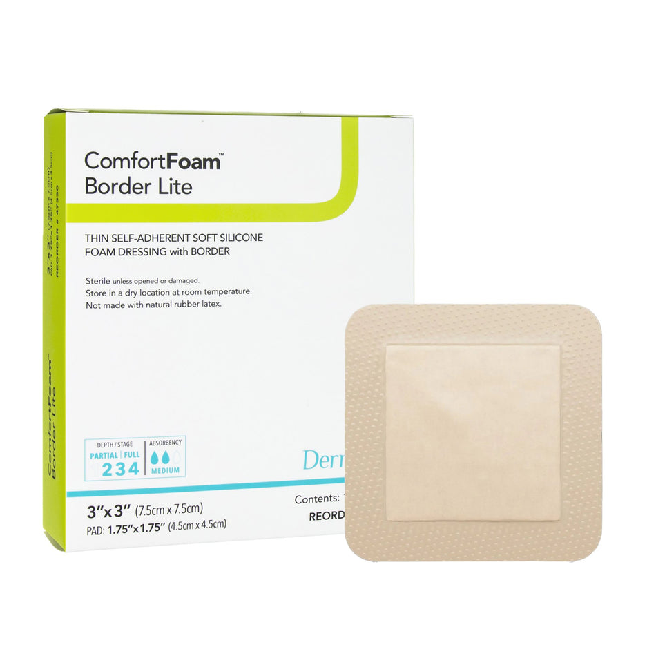ComfortFoam� Border Lite Silicone Adhesive with Border Thin Silicone Foam Dressing, 3 x 3 Inch-Thin Foam Dressing ComfortFoam� Border Lite 3 X 3 Inch With Border Waterproof Backing Silicone Adhesive Square Sterile