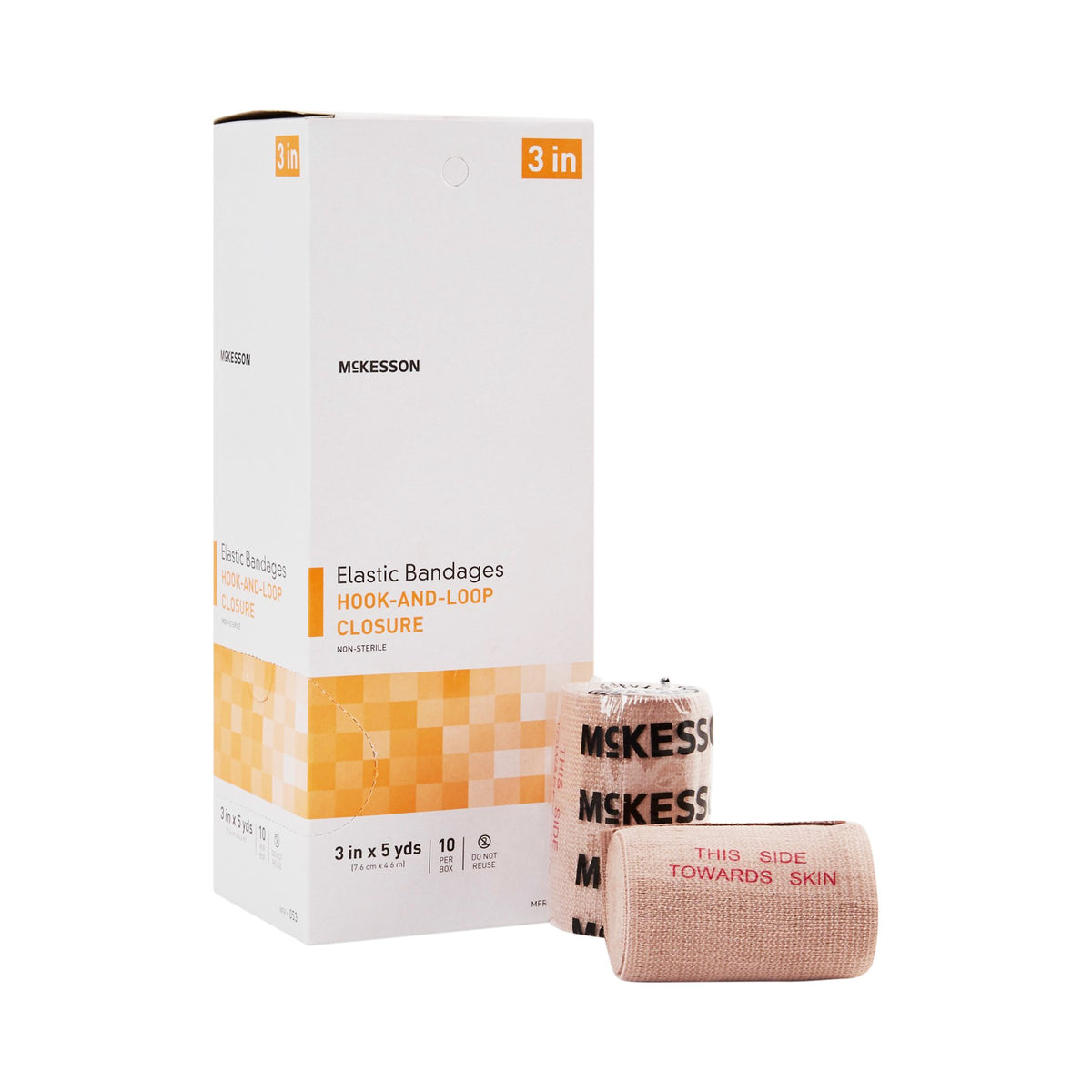 McKesson Hook and Loop Closure Elastic Bandage, 3 Inch x 5 Yard-Elastic Bandage McKesson 3 Inch X 5 Yard Single Hook and Loop Closure Tan NonSterile Standard Compression