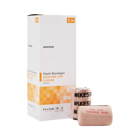 McKesson Hook and Loop Closure Elastic Bandage, 3 Inch x 5 Yard-Elastic Bandage McKesson 3 Inch X 5 Yard Single Hook and Loop Closure Tan NonSterile Standard Compression