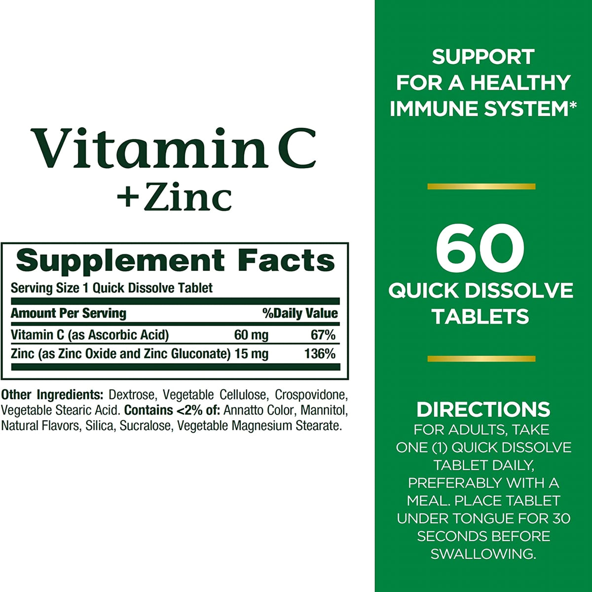 Nature's Bounty Quick Dissolve Vitamin C plus Zinc-Vitamin C Supplement + Zinc Nature's Bounty Tablet 60 per Bottle