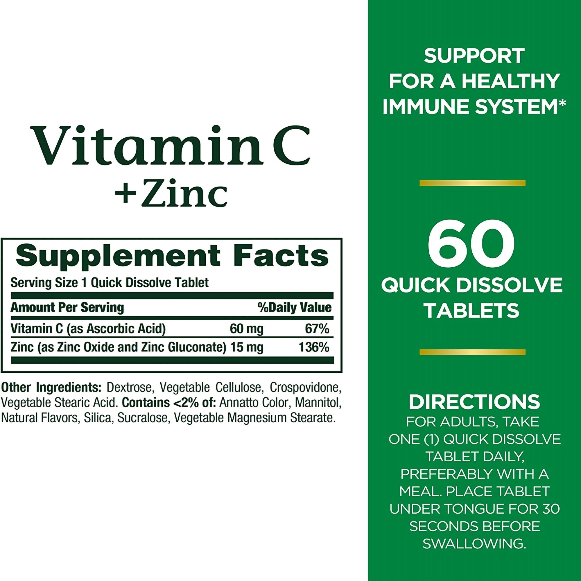 Nature's Bounty Quick Dissolve Vitamin C plus Zinc-Vitamin C Supplement + Zinc Nature's Bounty Tablet 60 per Bottle