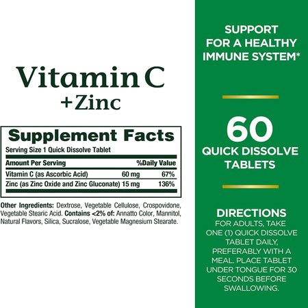 Nature's Bounty Quick Dissolve Vitamin C plus Zinc-Vitamin C Supplement + Zinc Nature's Bounty Tablet 60 per Bottle