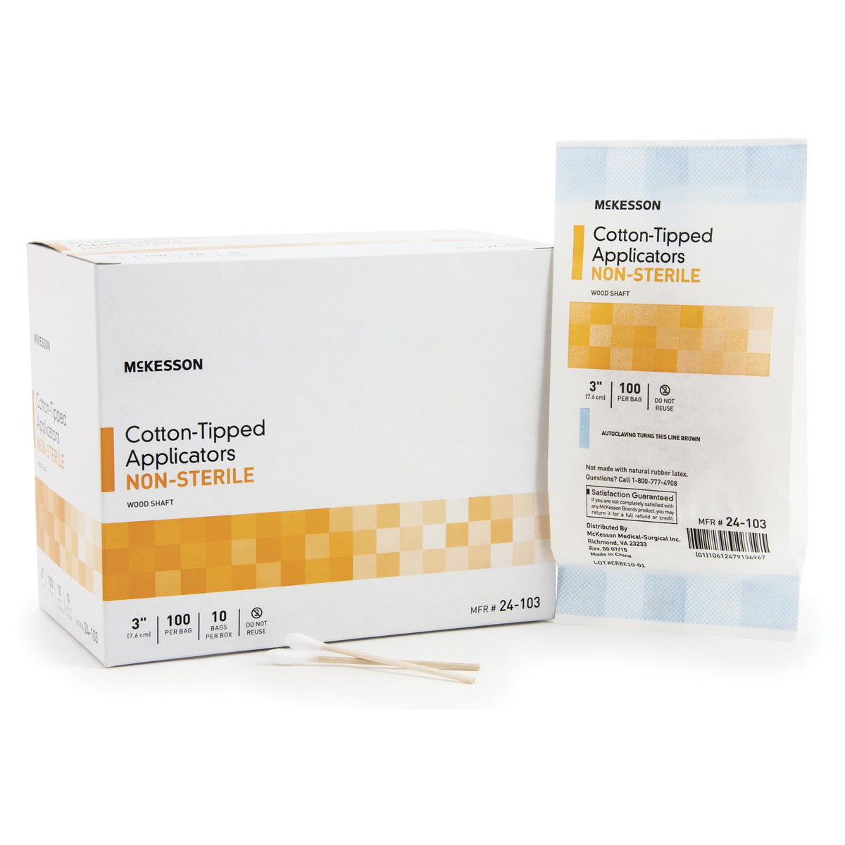 McKesson Nonsterile Cotton-Tip Swabsticks, 3 Inch-Swabstick McKesson Cotton Tip Wood Shaft 3 Inch NonSterile 100 per Pack