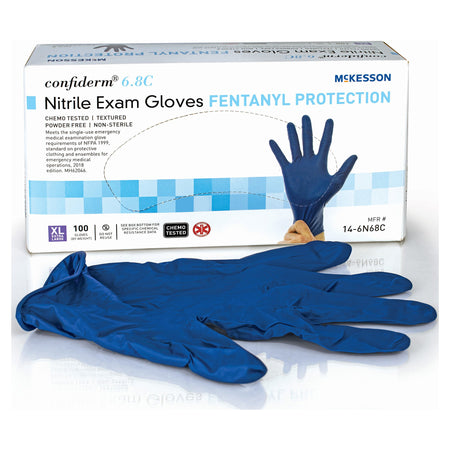 McKesson Confiderm 6.8C Nitrile Exam Glove, Extra Large, Blue-Exam Glove McKesson Confiderm 6.8C X-Large NonSterile Nitrile Standard Cuff Length Textured Fingertips Blue Chemo Tested / Fentanyl Tested