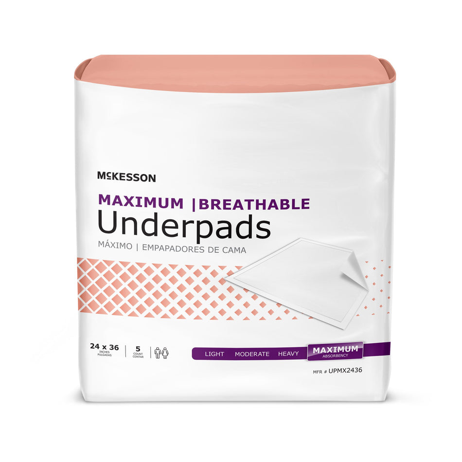 McKesson Ultimate Breathable Underpads, Maximum Protection, 24 x 36 Inch-Disposable Underpad McKesson Ultimate Breathable 24 X 36 Inch Fluff / Polymer Heavy Absorbency
