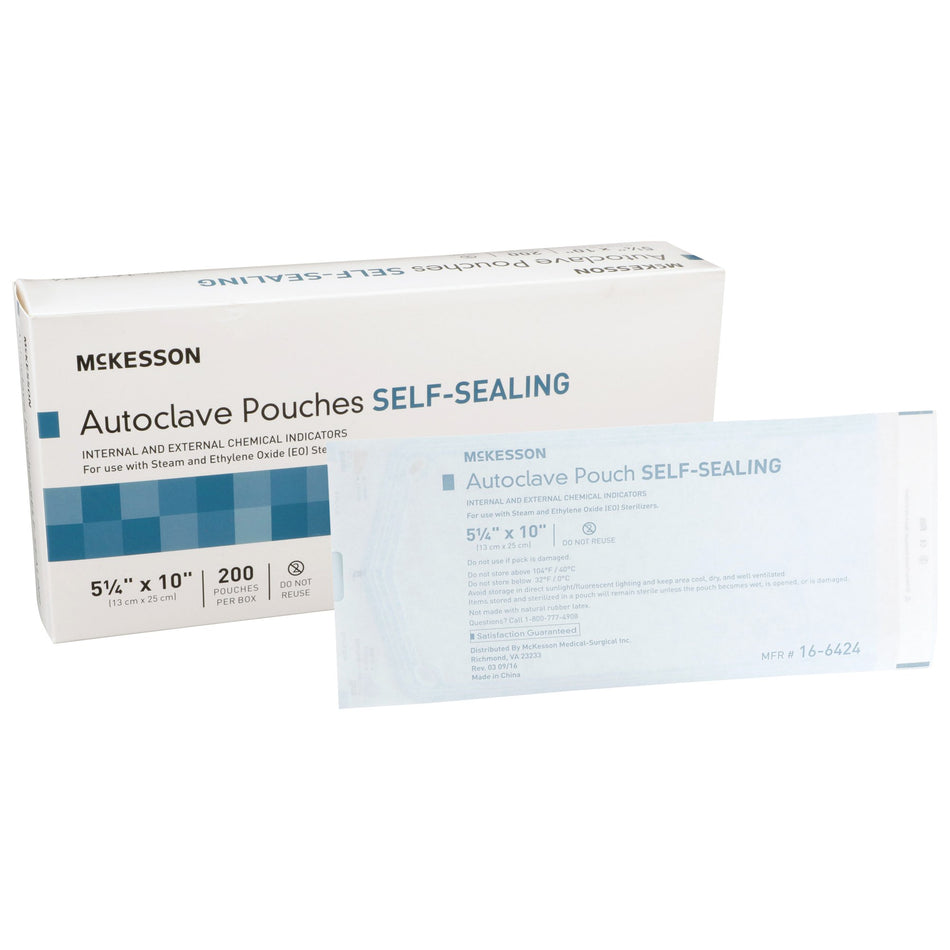 McKesson Sterilization Pouch, 5 x 10 Inch-Sterilization Pouch McKesson Ethylene Oxide (EO) Gas / Steam 5-1/4 X 10 Inch Transparent Blue / White Self Seal Paper / Film