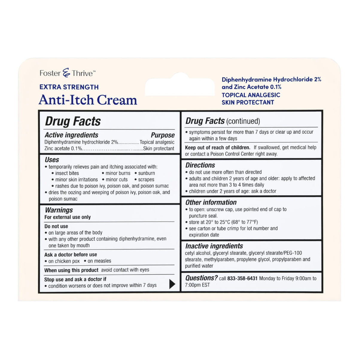 Foster & Thrive 2% Diphenhydramine HCl Itch Relief Cream-Itch Relief Foster & Thrive 2% - 0.1% Strength Cream 1 oz. Tube