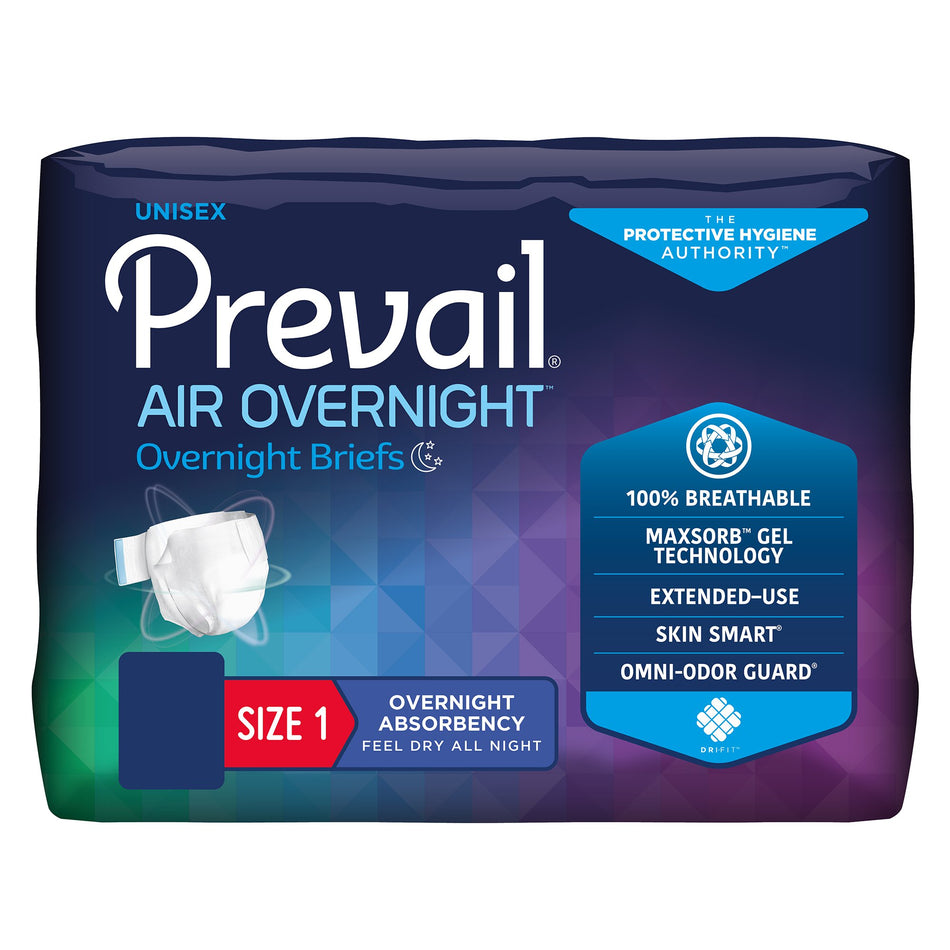 Prevail Air Overnight Briefs Overnight Absorbency, Size 1-Unisex Adult Incontinence Brief Prevail Air Overnight Size 1 / Medium Disposable Heavy Absorbency
