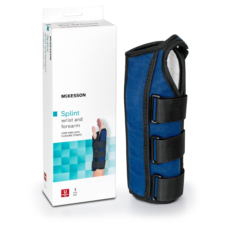 McKesson Right Wrist / Forearm Splint, One Size Fits Most-Wrist / Forearm Brace McKesson Aluminum / Nylon / Foam / Flannelette Right Hand Black / Blue One Size Fits Most