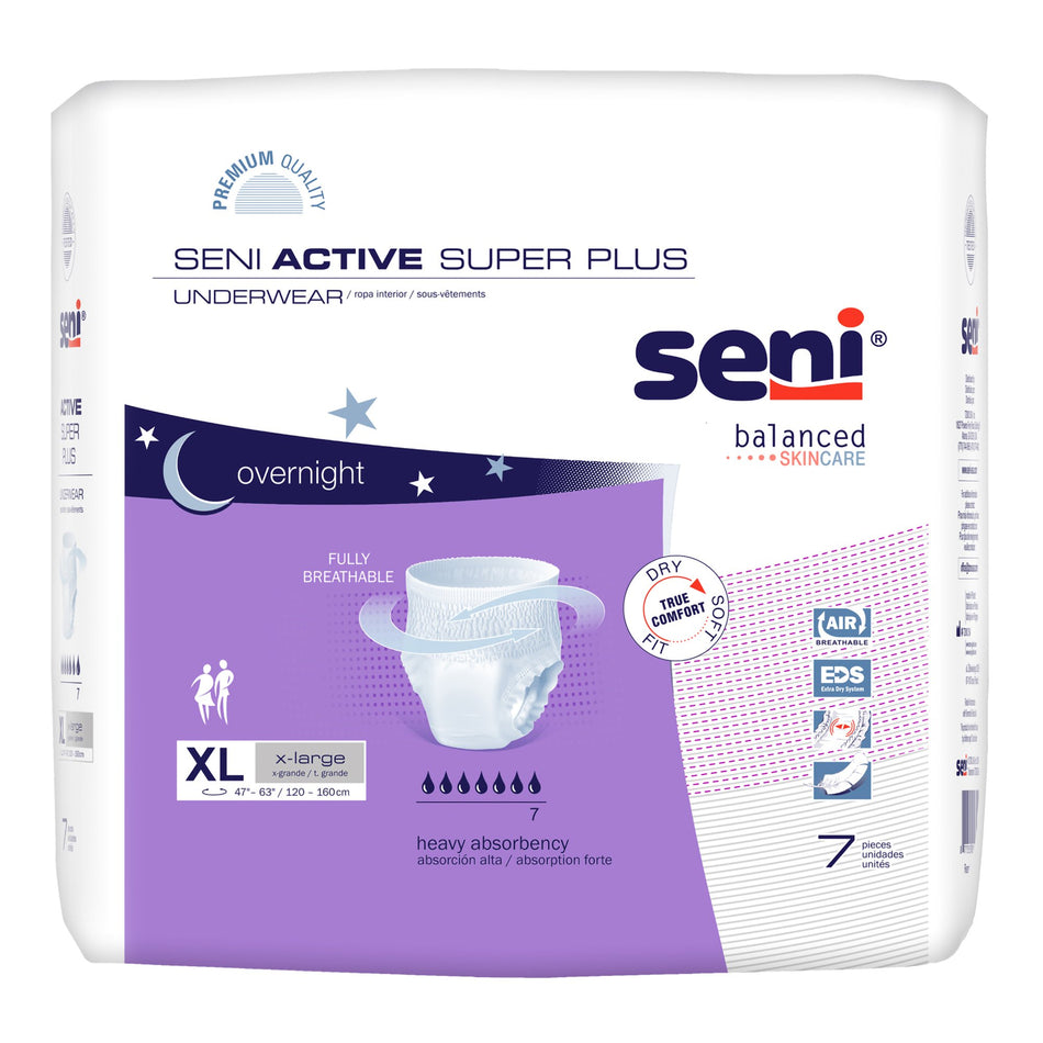 Seni Active Super Plus Overnight Heavy Absorbent Underwear, Extra Large-Unisex Adult Absorbent Underwear Seni Active Super Plus Pull On with Tear Away Seams X-Large Disposable Heavy Absorbency