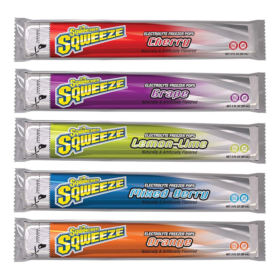 Sqwincher� Squeeze Assorted Flavors Electrolyte Freeze Pop-Oral Electrolyte Solution Sqwincher� Squeeze Freezer Pop Cherry / Grape / Lemon-Lime / Mixed Berry / Orange Flavor 3 oz. Electrolyte