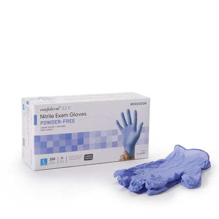 McKesson Confiderm 3.5C Nitrile Exam Glove, Large, Blue-Exam Glove McKesson Confiderm 3.5C Large NonSterile Nitrile Standard Cuff Length Textured Fingertips Blue Chemo Tested