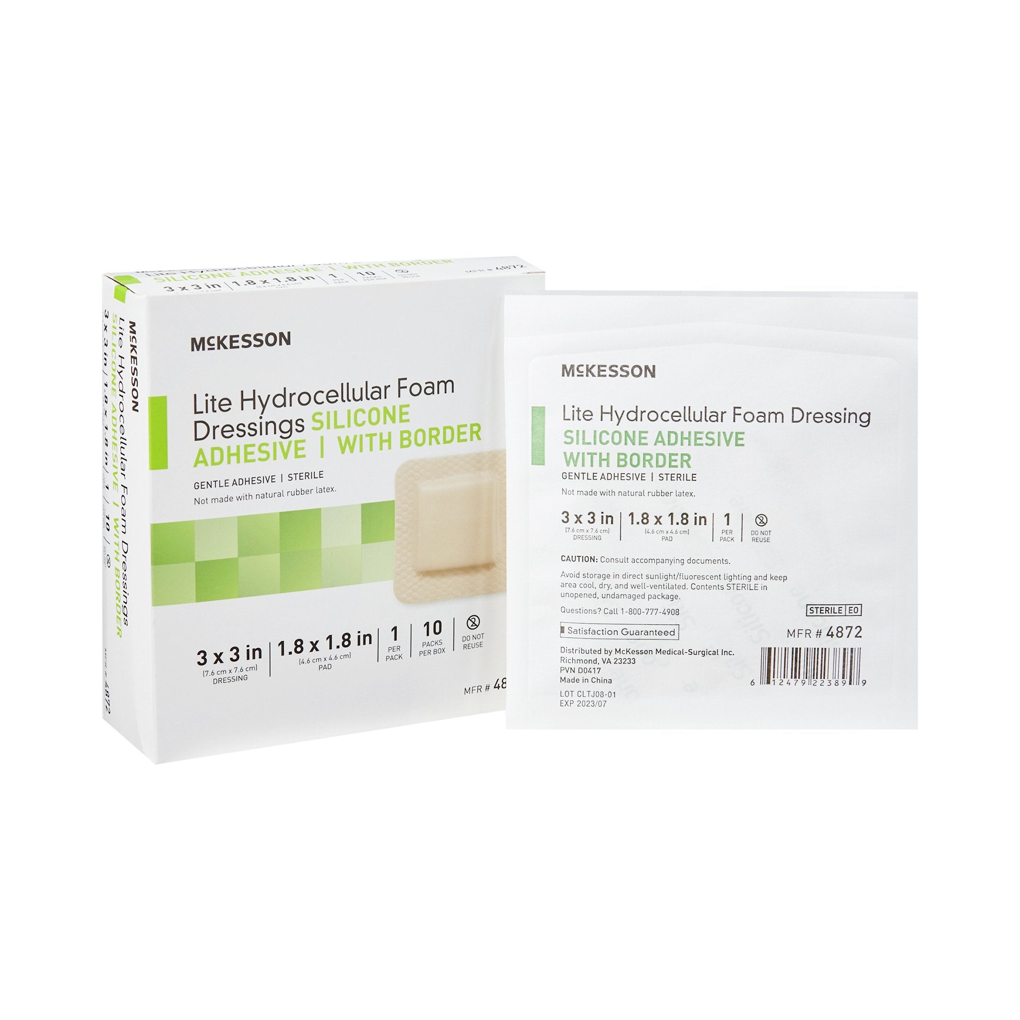 McKesson Lite Silicone Gel Adhesive with Border Thin Silicone Foam Dressing, 3 x 3 Inch-Thin Foam Dressing McKesson Lite 3 X 3 Inch With Border Film Backing Silicone Gel Adhesive Square Sterile