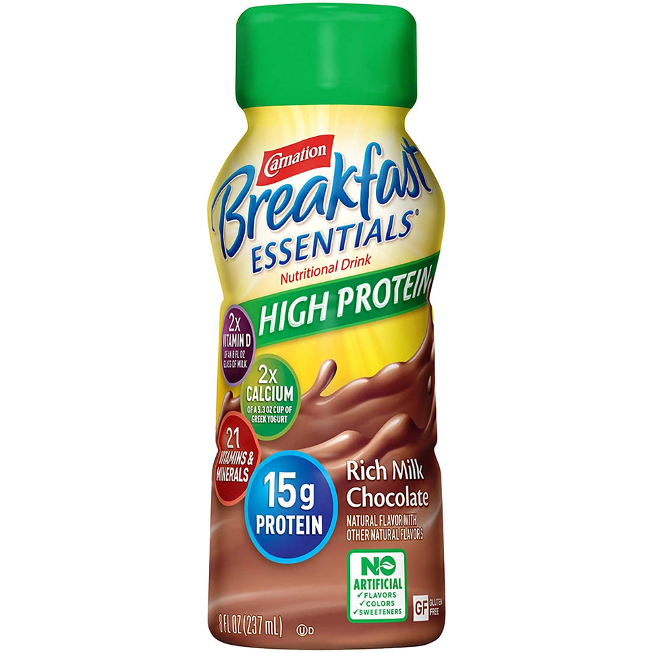 Carnation Breakfast Essentials High Protein Chocolate Nutritional Drink, 8-ounce bottle-Oral Supplement Carnation Breakfast Essentials High Protein Rich Chocolate Flavor Liquid 8 oz. Bottle