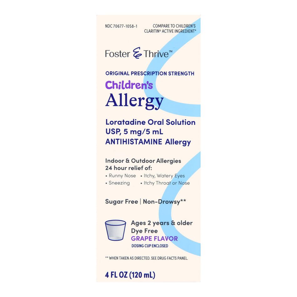 Foster & Thrive Children's Allergy Loratadine Oral Solution USP, 5 mg/5 mL Grape-Children's Allergy Relief Foster & Thrive 5 mg / 5 mL Strength Syrup 4 oz.