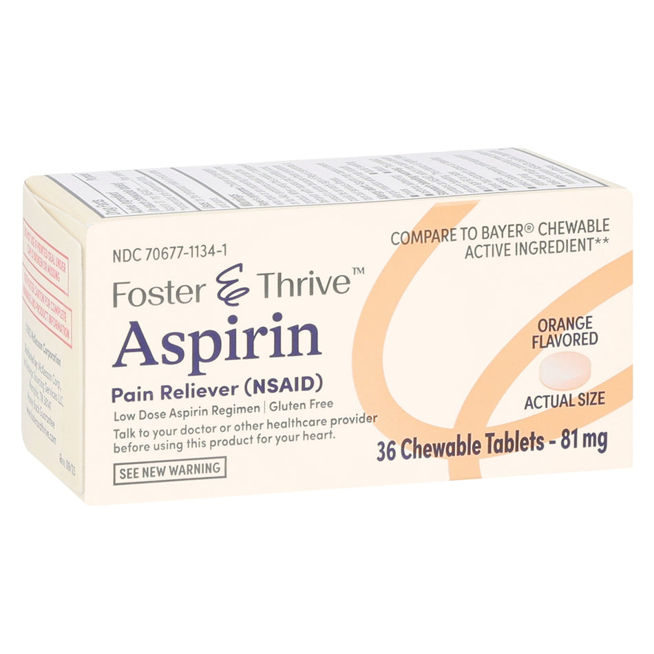 Foster & Thrive Aspirin 81 mg Chewable Tablets, Orange-Pain Relief Foster & Thrive 81 mg Strength Aspirin Chewable Tablet 36 per Box