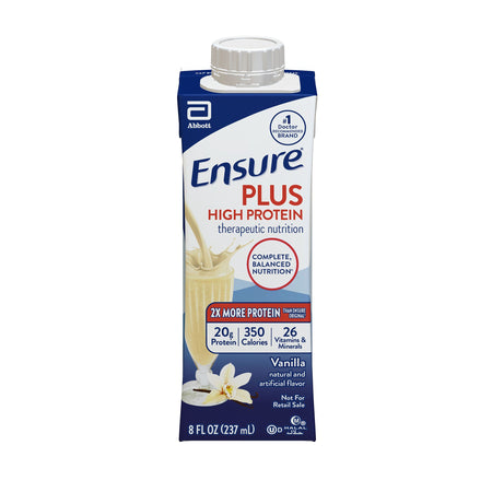 Ensure Plus High Protein Therapeutic Nutrition Shake, Vanilla, 8-ounce carton-Oral Supplement Ensure Plus High Protein Therapeutic Nutrition Shake Vanilla Flavor Liquid 8 oz. Reclosable Carton