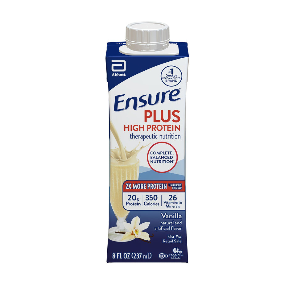 Ensure Plus High Protein Therapeutic Nutrition Shake, Vanilla, 8-ounce carton-Oral Supplement Ensure Plus High Protein Therapeutic Nutrition Shake Vanilla Flavor Liquid 8 oz. Reclosable Carton