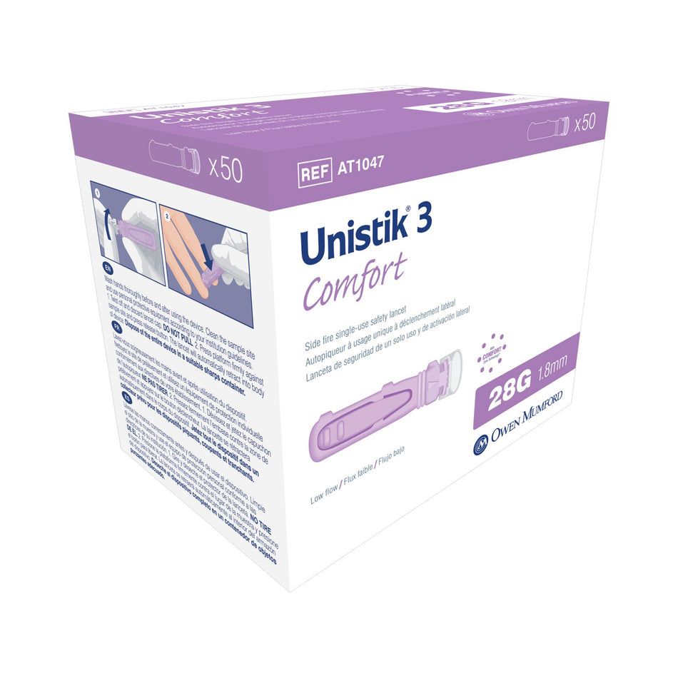 Unistik 3 Comfort Safety Lancet, 28 Gauge, 50 ct.-Safety Lancet Unistik 3 28 Gauge Visual Lockout Push Button Activation Finger