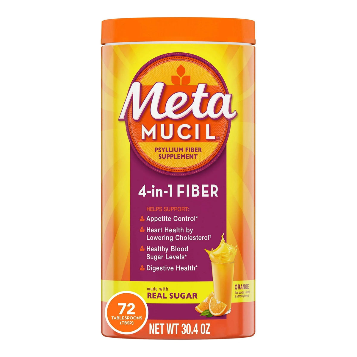 Metamucil Psyllium Husk Fiber Supplement-Fiber Supplement Metamucil Orange Flavor Powder 30 oz. 3.4 Gram Strength Psyllium Husk